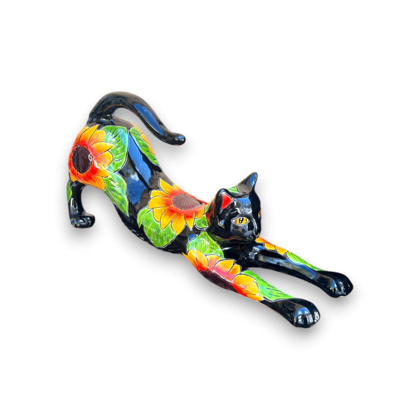 Talavera Stretching Cat Statue | Hand-Painted Sunflower Design - black hand-painted Talavera cat with vibrant sunflower pattern, handcrafted in Guanajuato, Mexico