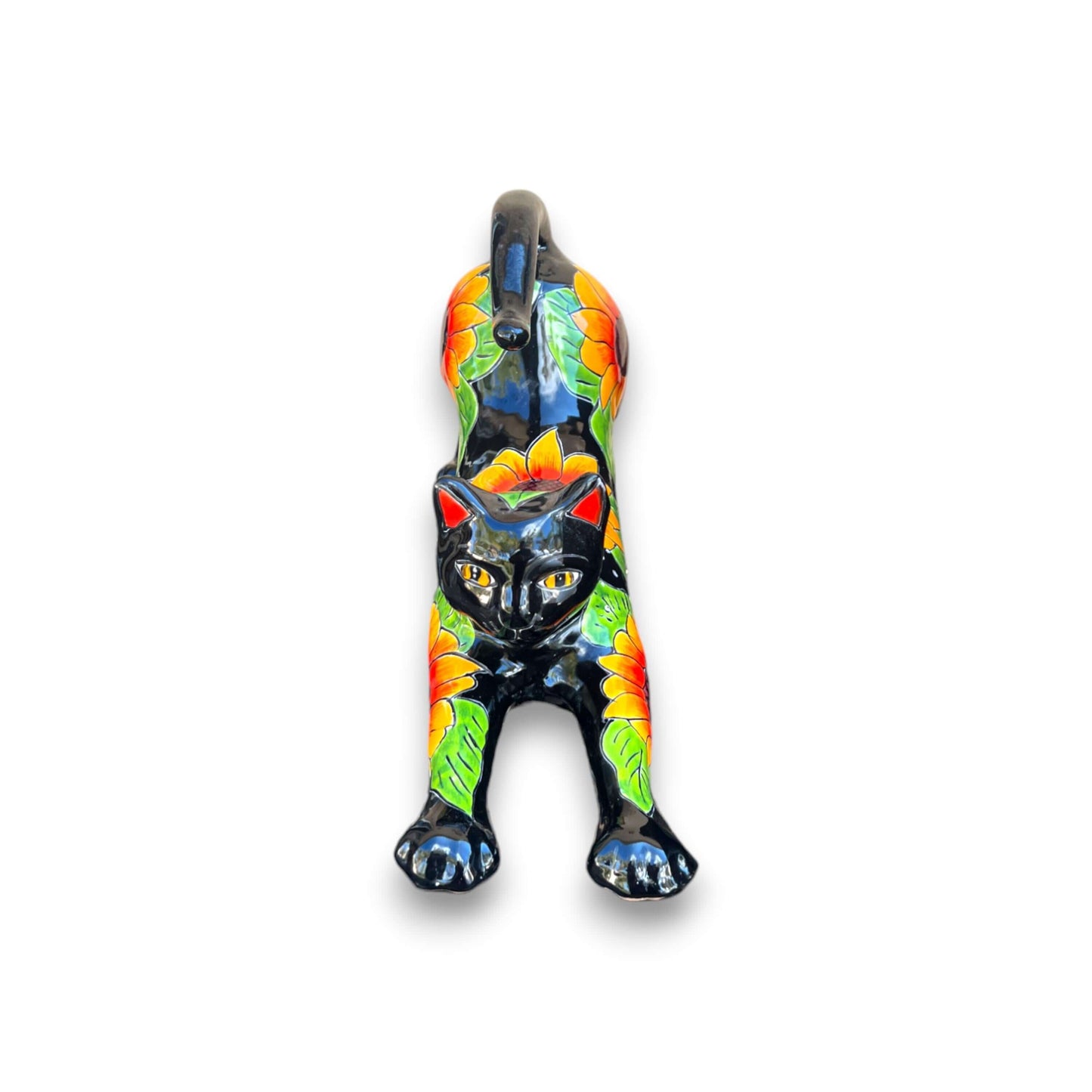 Talavera Stretching Cat Statue | Hand-Painted Sunflower Design - handcrafted black ceramic cat with bright sunflower motif