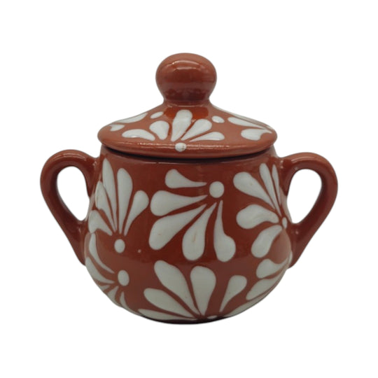 Talavera Sugar Jar | Brown & White Floral Relief showcasing handcrafted charm with a rustic floral design.