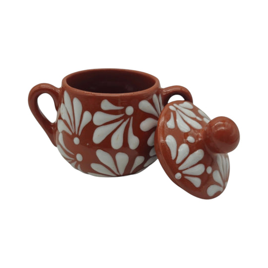Talavera Sugar Jar | Brown & White Floral Relief showcasing rustic handcrafted design and floral relief pattern.