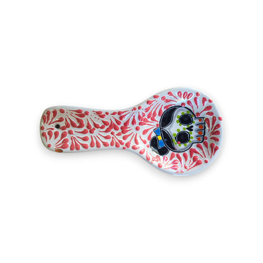 Colorful Talavera Skull Spoon Rest | Mexican Kitchen Art - hand-painted Talavera spoon rest with cheerful skull and pink floral bursts