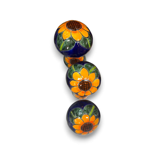 Set of 3 Talavera Mushrooms | Colorful Sunflower Art - hand-painted sunflower design, kiln-fired, lead-free glaze, small Mexican decorative mushrooms