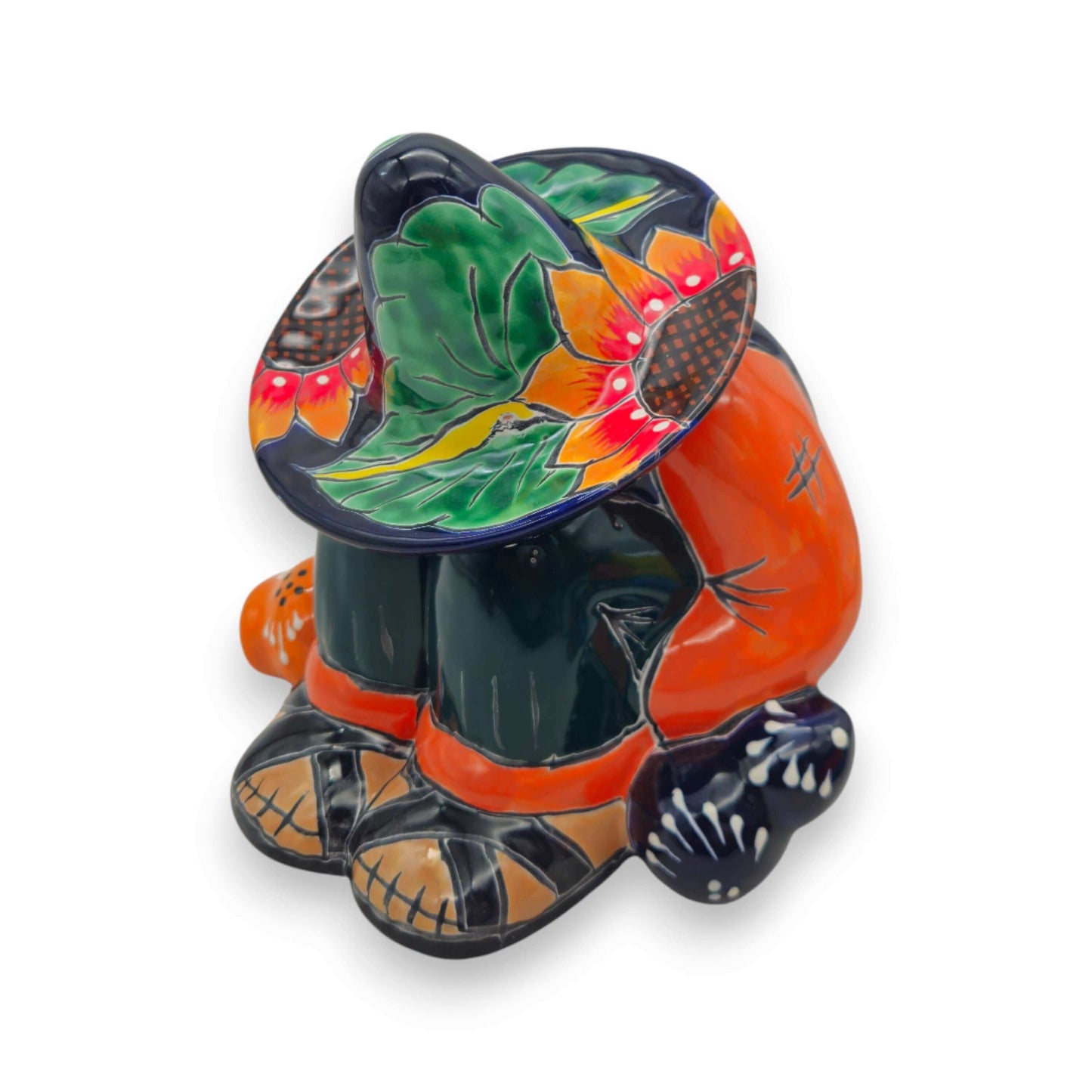 Talavera Sunflower Panchito Canister | Handcrafted Mexican Art - colorful handcrafted Talavera panchito with sunflower sombrero, orange, blue and green accents