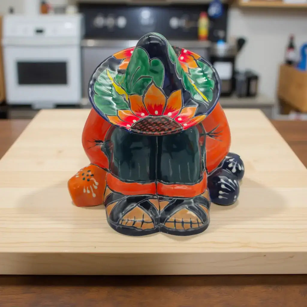 Talavera Sunflower Panchito Canister | Handcrafted Mexican Art - colorful handcrafted Talavera panchito with sunflower sombrero and folk art details