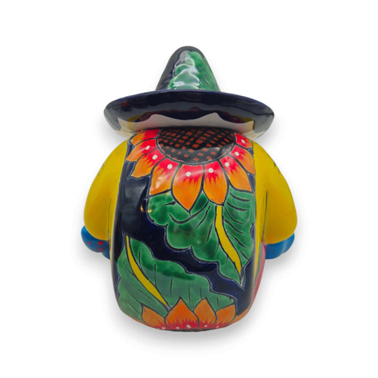Talavera Sunflower Panchito Canister | Handcrafted Mexican Art - handpainted sunflower sombrero folk canister from Guanajuato, bright blue yellow