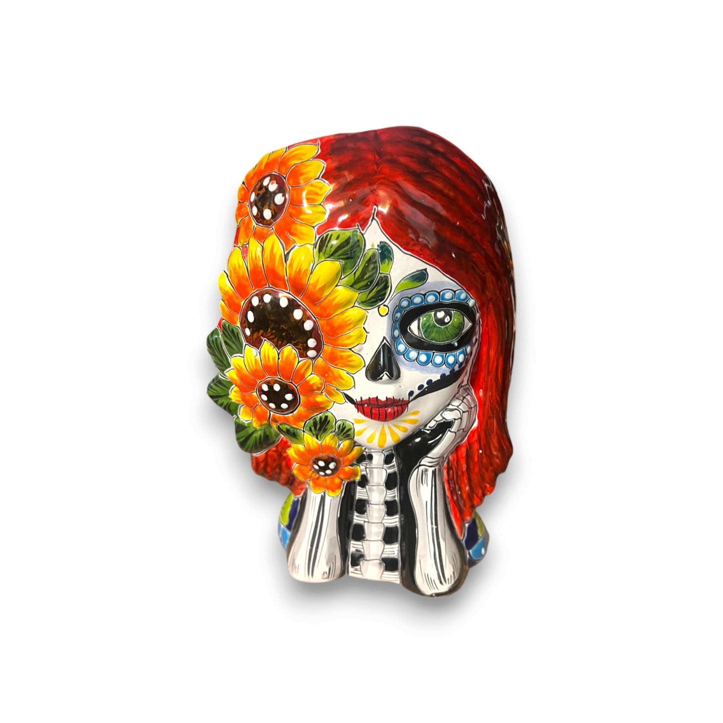 Talavera Sunflower Skull Planter | Handcrafted Day of the Dead Pot - hand-painted Talavera skull with sunflowers, red hair, green eye, kiln-fired glaze