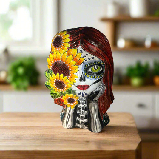 Talavera Sunflower Skull Planter | Handcrafted Day of the Dead Pot — hand-painted Talavera skull planter with bright sunflowers, lead-free glaze, Guanajuato craftsmanship