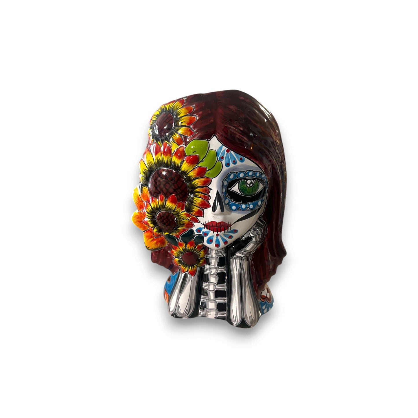Talavera Sunflower Skull Planter | Handcrafted Day of the Dead Pot - hand-painted sunflower skull planter from Guanajuato, Mexico