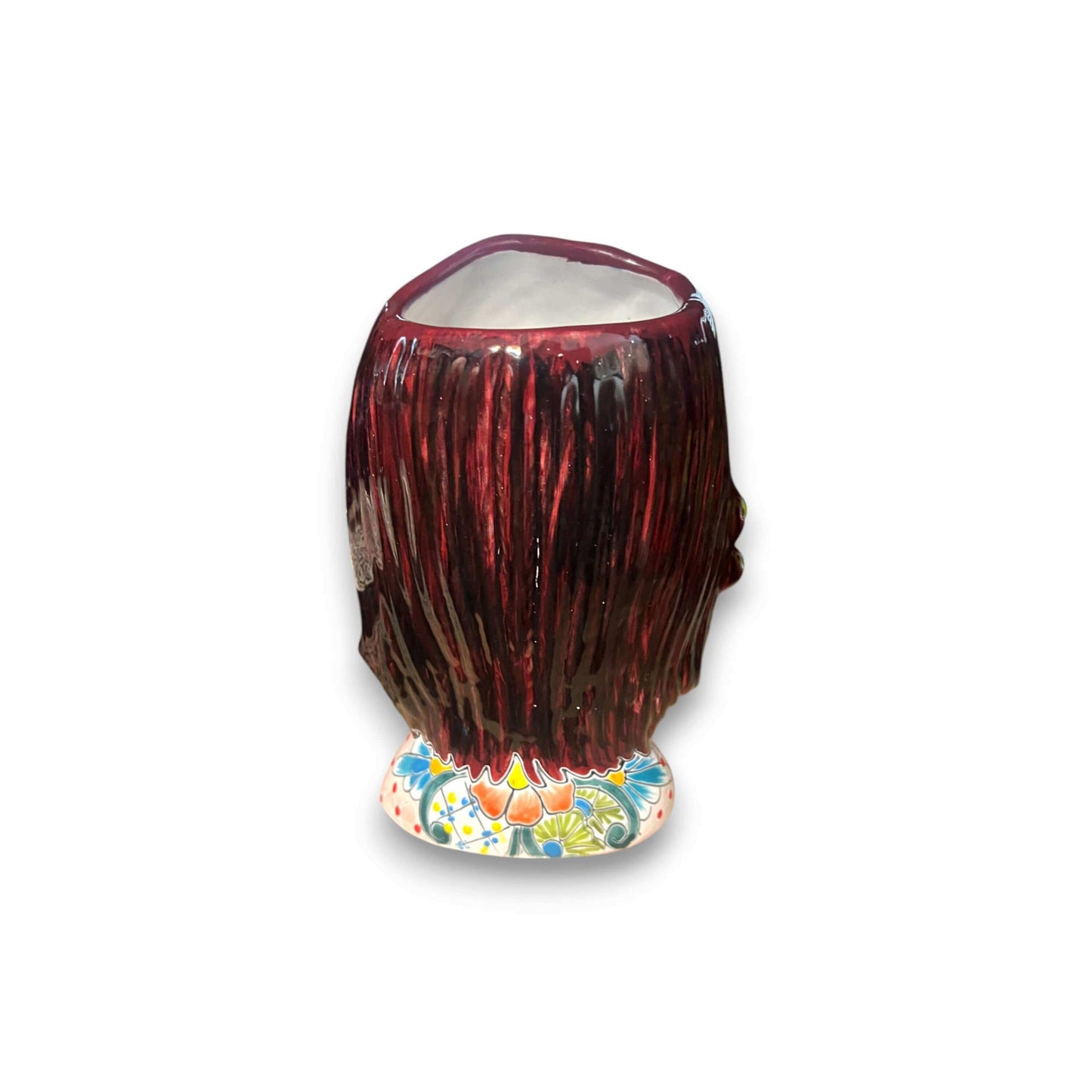 Talavera Sunflower Skull Planter | Handcrafted Day of the Dead Pot - back view showing hand-painted red hair and floral base