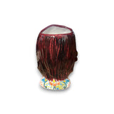 Talavera Sunflower Skull Planter | Handcrafted Day of the Dead Pot - back view showing hand-painted red hair and floral base