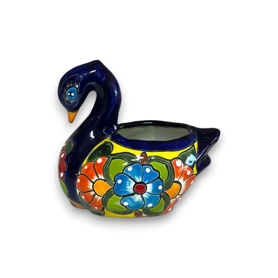 Talavera Swan Planter | Colorful Hand-Painted Mexican Pottery - hand-painted cobalt swan planter with vibrant Talavera floral design, glazed and kiln-fired