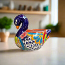 Talavera Swan Planter | Colorful Hand-Painted Mexican Pottery - hand-painted cobalt blue swan planter with bold Talavera floral patterns
