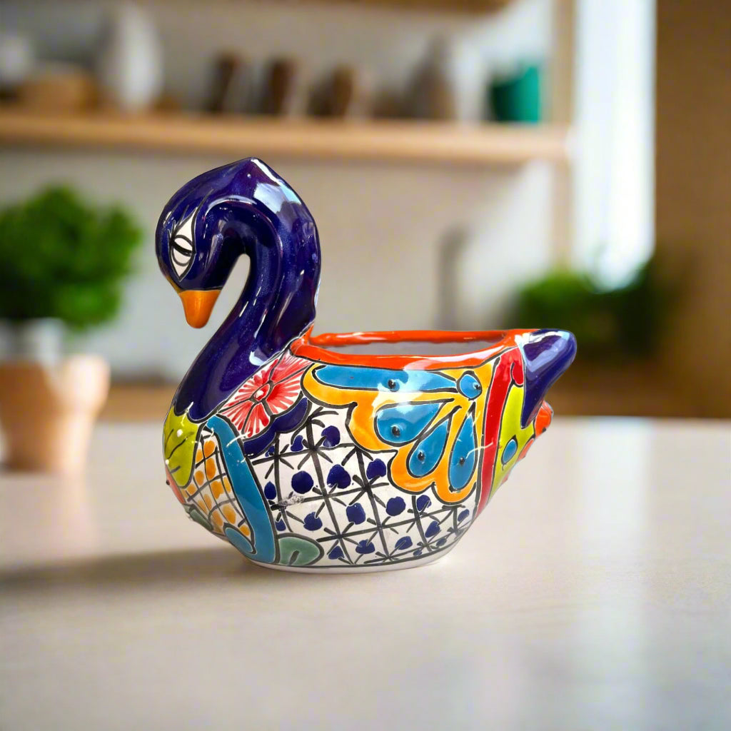 Talavera Swan Planter | Colorful Hand-Painted Mexican Pottery - hand-painted cobalt blue swan planter with bold Talavera floral patterns
