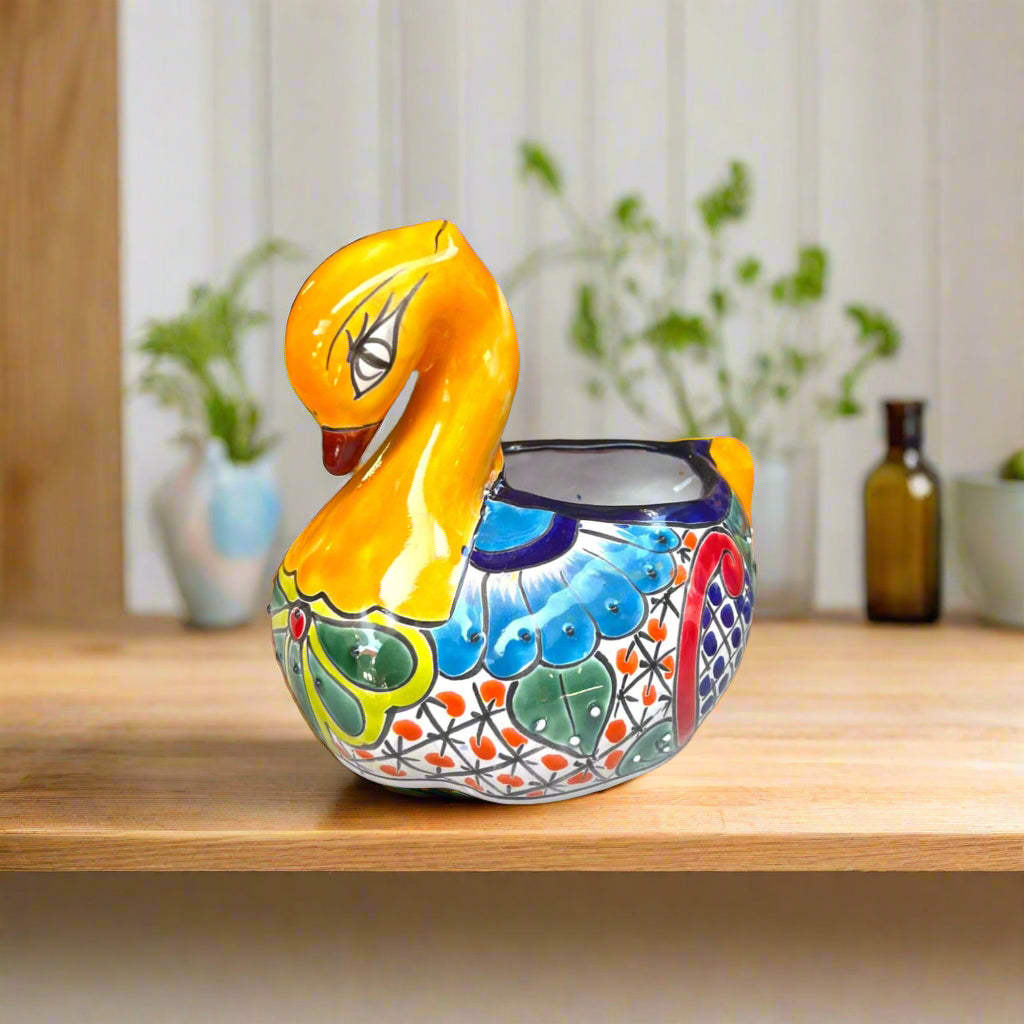 Talavera Swan Planter | Colorful Hand-Painted Mexican Pottery - hand-painted Talavera swan planter with cobalt blue and floral motifs