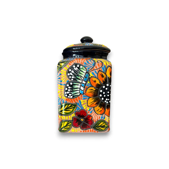 Talavera Kitchen Canister Set | Terracotta Mexican Pottery Trio - hand-painted terracotta canister with orange floral and butterfly motifs