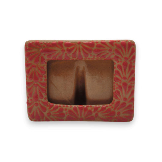 Talavera Terracotta Photo Frame | Pink Floral Accent hand-painted terracotta frame with pink floral motifs, kiln-fired, handcrafted from Guanajuato, Mexico