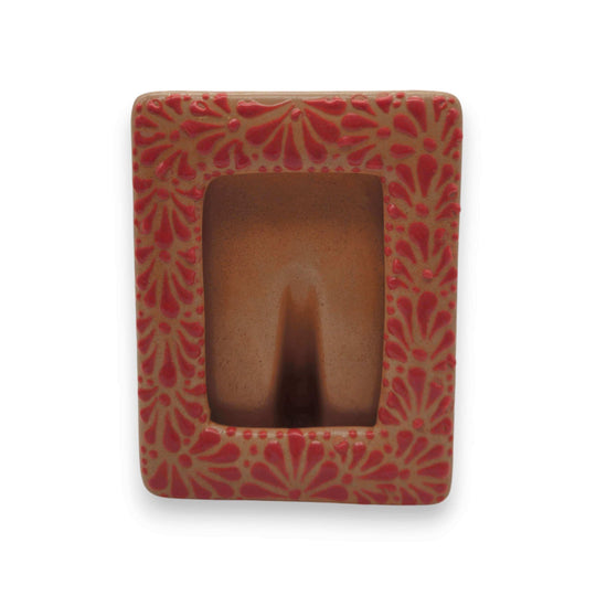 Talavera Terracotta Photo Frame | Pink Floral Accent hand-painted terracotta frame with pink floral motifs, kiln-fired lead-free glaze, rustic Mexican craftsmanship