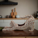 Talavera Terracotta Cat Planter | Stretching Design handcrafted hand-painted terracotta cat planter with floral relief pattern