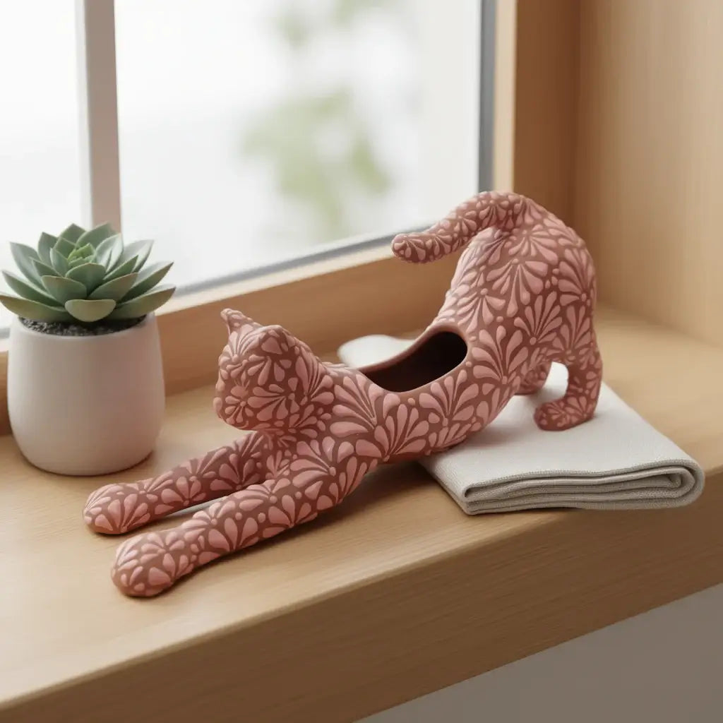 Talavera Terracotta Cat Planter | Stretching Design handcrafted pink floral terracotta stretching cat planter on windowsill