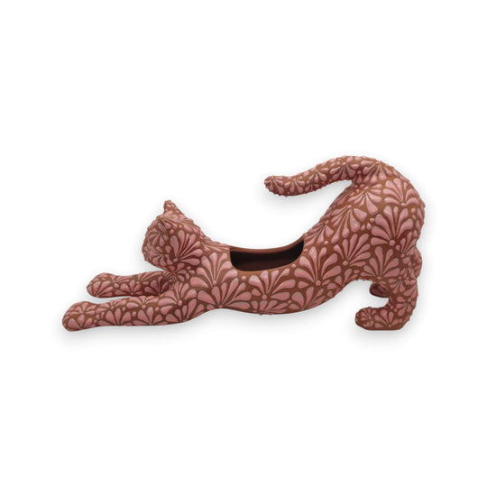 Talavera Terracotta Cat Planter | Stretching Design - hand-painted terracotta stretching cat planter with floral relief, artisan-made