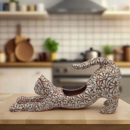 Talavera Terracotta Cat Planter | Stretching Design hand-painted terracotta cat planter with floral relief, white and terracotta finish