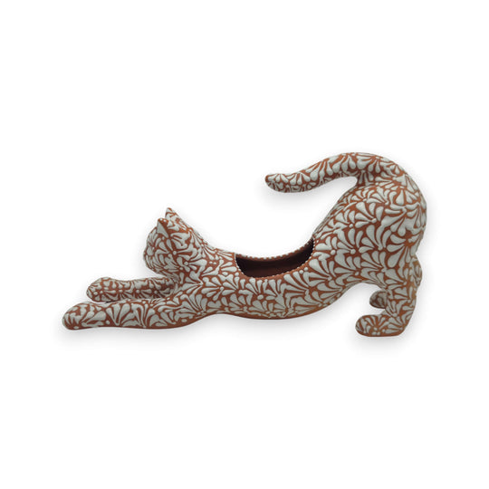 Talavera Terracotta Cat Planter | Stretching Design handcrafted terracotta cat planter with white hand-painted floral relief, stretching pose