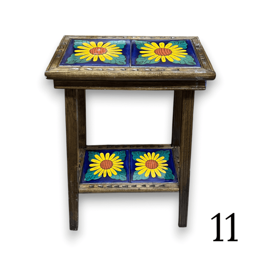 Talavera Tile End Table | Handmade Mexican Wood Accent Furniture - hand-painted sunflower Talavera tiles and rustic wood frame, two-tier accent table (item 11)