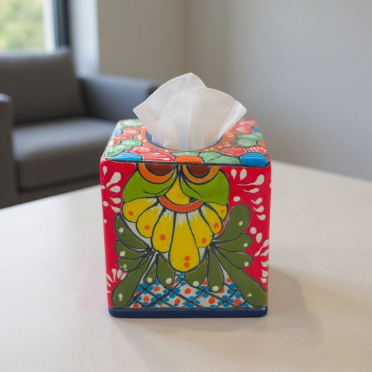 Talavera Tissue Holder | Multicolor Hand-Painted Accent on countertop