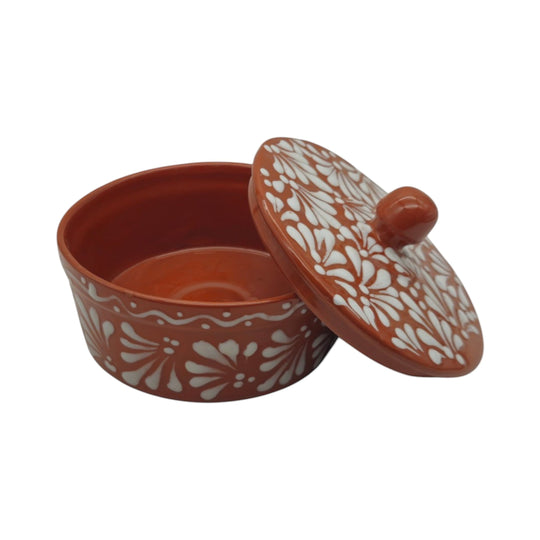 Talavera Tortilla Warmer | Glazed Terracotta Kitchenware with floral design and lid for serving warm tortillas.