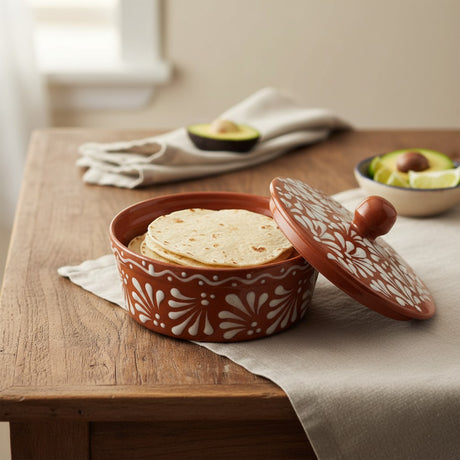 The Talavera Hub terracotta tortilla warmer with hand-painted white floral design. Glazed finish, 6" H x 7.5" W.