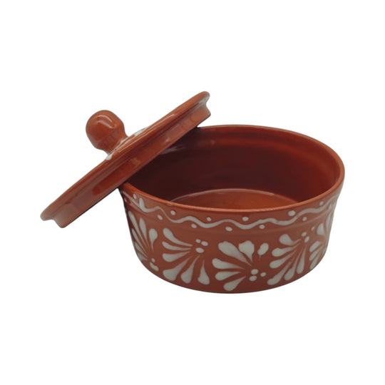 Talavera Tortilla Warmer | Glazed Terracotta Kitchenware with hand-painted floral design in earthy tones.