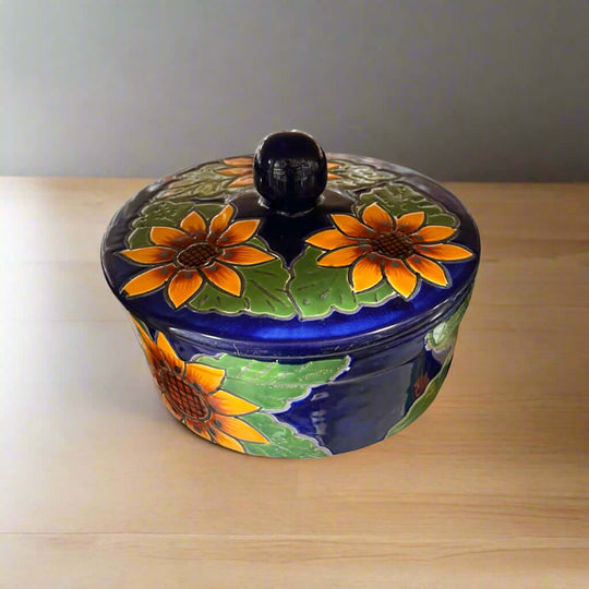 Talavera Tortilla Warmer | Handmade Sunflower Mexican Pottery hand-painted cobalt blue sunflower design, kiln-fired lead-free glaze, Mexican craftsmanship