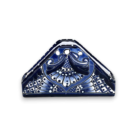 Talavera Napkin Holder | Mexican Blue & White Decor hand-painted cobalt blue triangular Talavera napkin holder, kiln-fired lead-free glaze