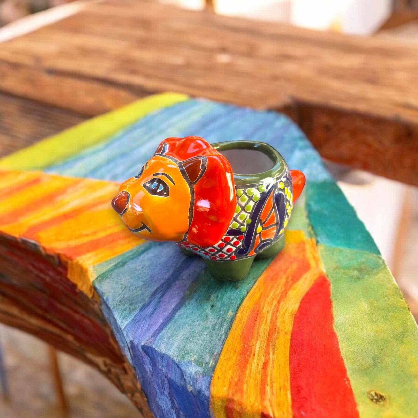 Talavera Triceratops Planter | Colorful Mexican Succulent Pot - hand-painted Talavera triceratops succulent pot, kiln-fired, vibrant Mexican pottery