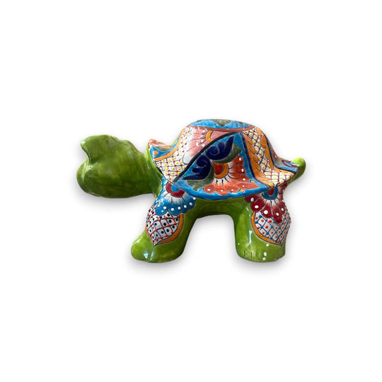 Talavera Turtle Statue | Hand-Painted Mexican Ceramic Tortoise - vibrant green talavera ceramic turtle with hand-painted floral and geometric shell