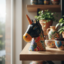 Colorful ceramic Talavera unicorn head statue on a shelf beside pottery