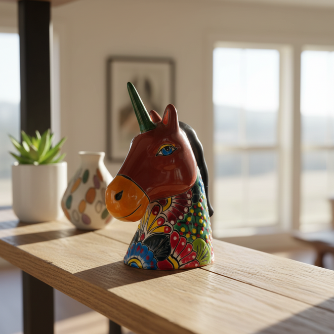 Colorful Talavera unicorn head statue displayed on a wooden tabletop