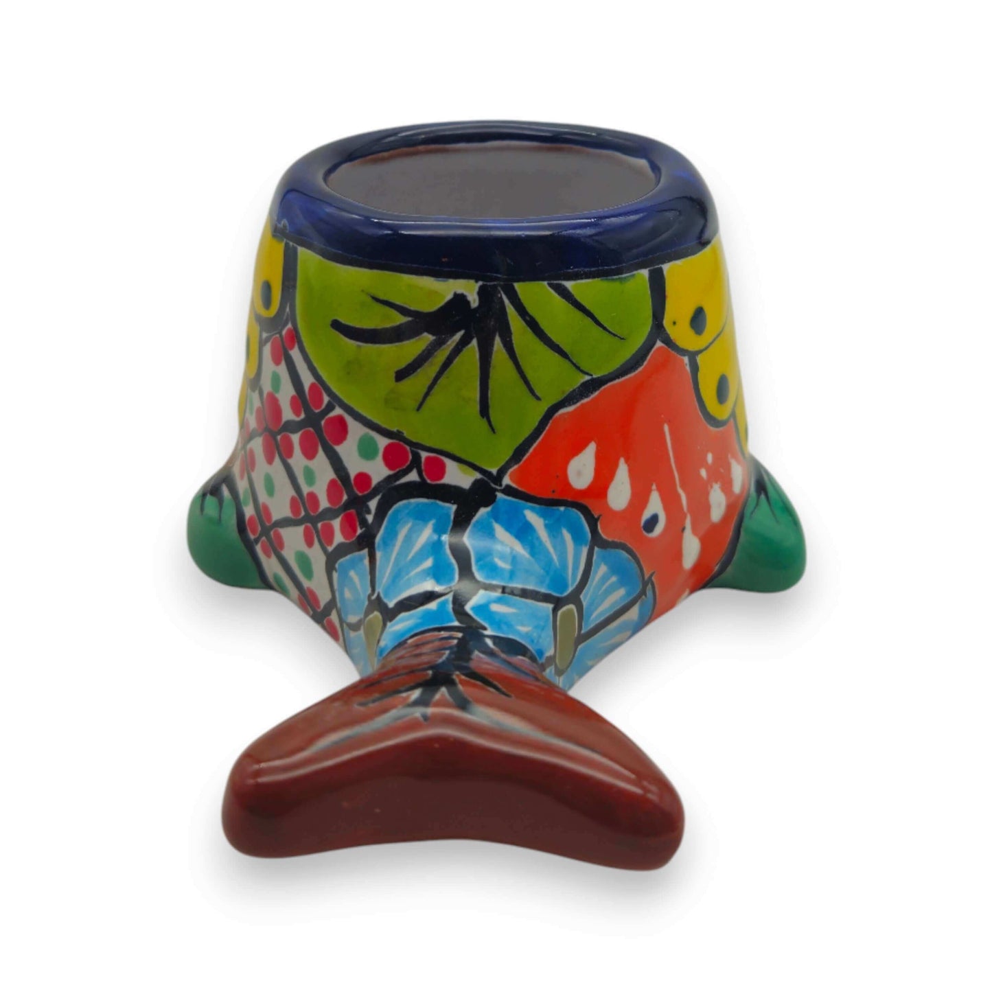 Talavera Whale Planter | Colorful Small Mexican Animal Pot - hand-painted blue whale planter with red-orange butterfly wings and floral motifs