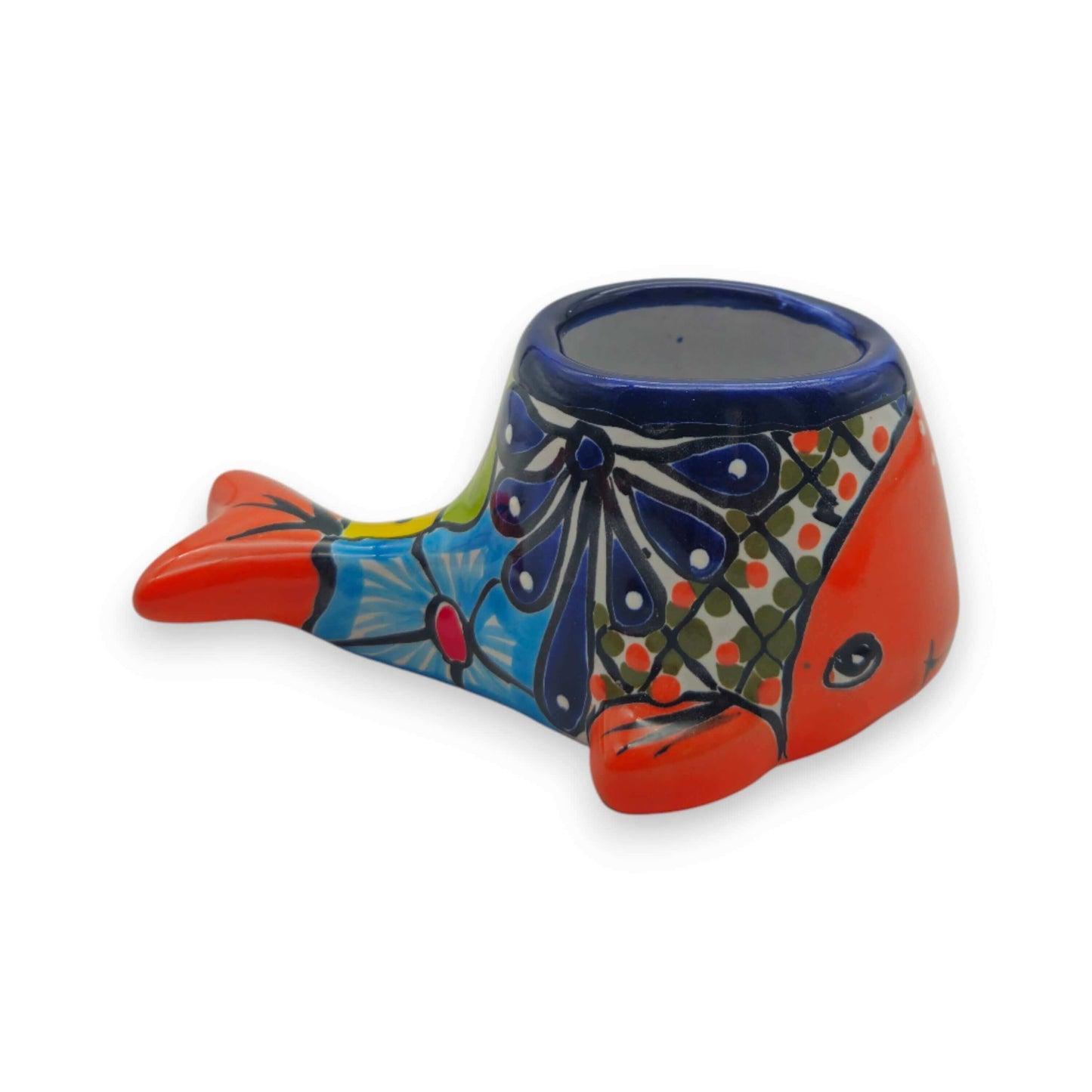 Talavera Whale Planter | Colorful Small Mexican Animal Pot — hand‑painted smiling whale planter with red, blue & yellow Talavera glaze