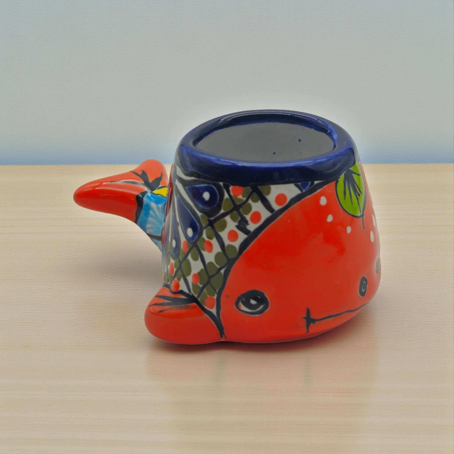 Talavera Whale Planter | Colorful Small Mexican Animal Pot - hand-painted red and blue ceramic whale planter, kiln-fired lead-free glaze
