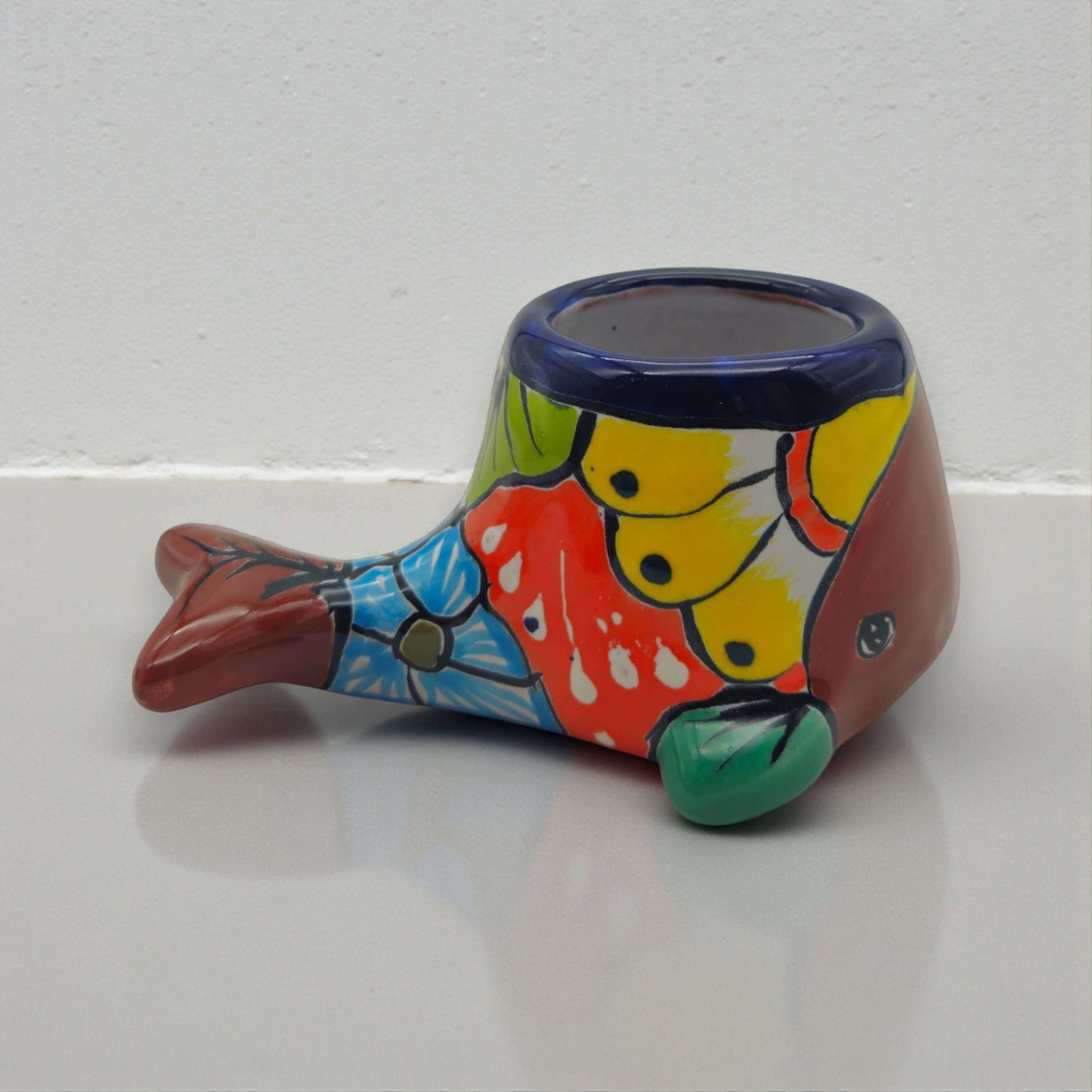 Talavera Whale Planter | Colorful Small Mexican Animal Pot - hand-painted small Talavera whale planter with vivid red orange yellow butterfly wings on blue body