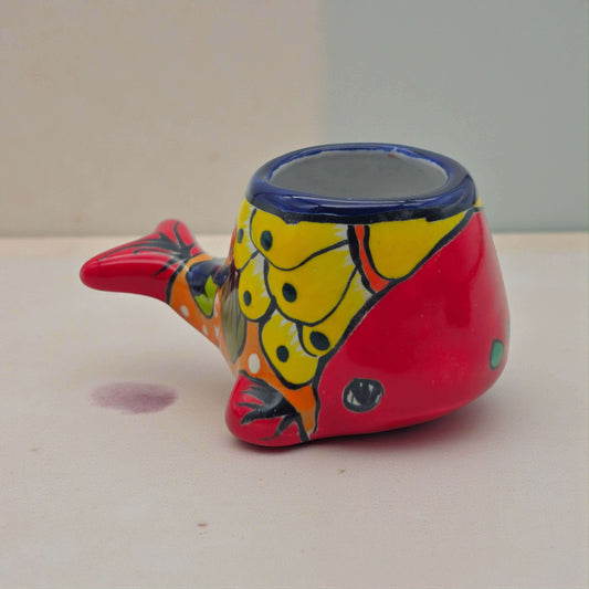 Talavera Whale Planter | Colorful Small Mexican Animal Pot handcrafted red and blue whale planter with butterfly wing motifs