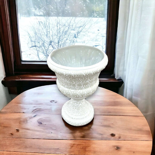 Talavera White Flower Pot | Handcrafted Mexican Ceramic Planter - white hand-painted Talavera ceramic planter on wooden table by window