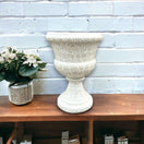 Talavera White Flower Pot | Handcrafted Mexican Ceramic Planter on wooden shelf with decorative plant, handcrafted white Talavera ceramic