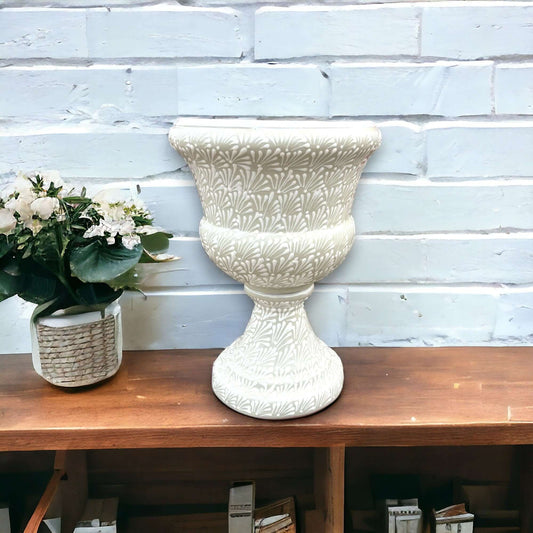Talavera White Flower Pot | Handcrafted Mexican Ceramic Planter on wooden shelf with decorative plant, handcrafted white Talavera ceramic