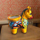 Talavera Donkey Planter | Hand-Painted Mexican Burro Flower Pot — hand-painted yellow Talavera ceramic donkey planter with floral geometric patterns