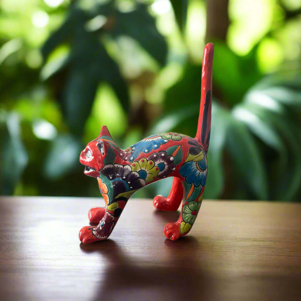 Talavera Arched Cat Statue | Vibrant Mexican Art