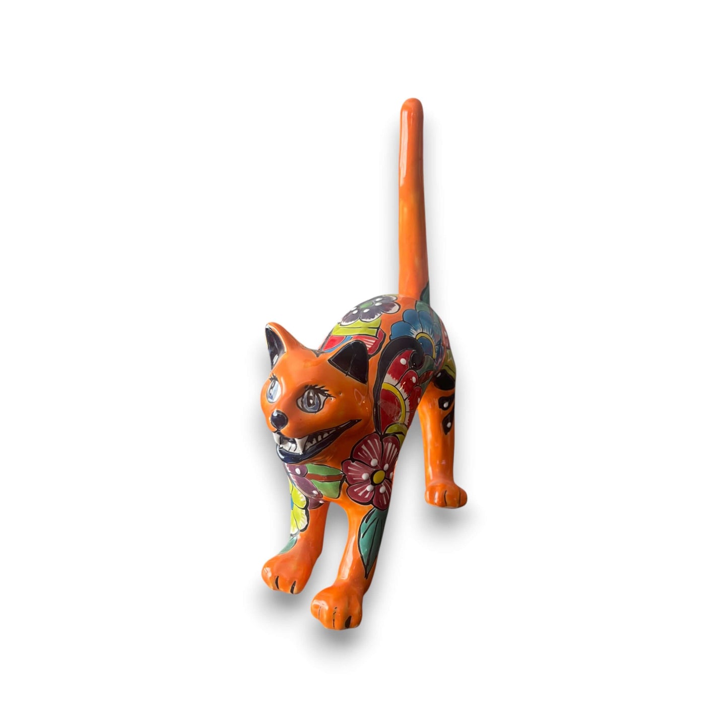 Talavera Arched Cat Statue | Vibrant Mexican Art