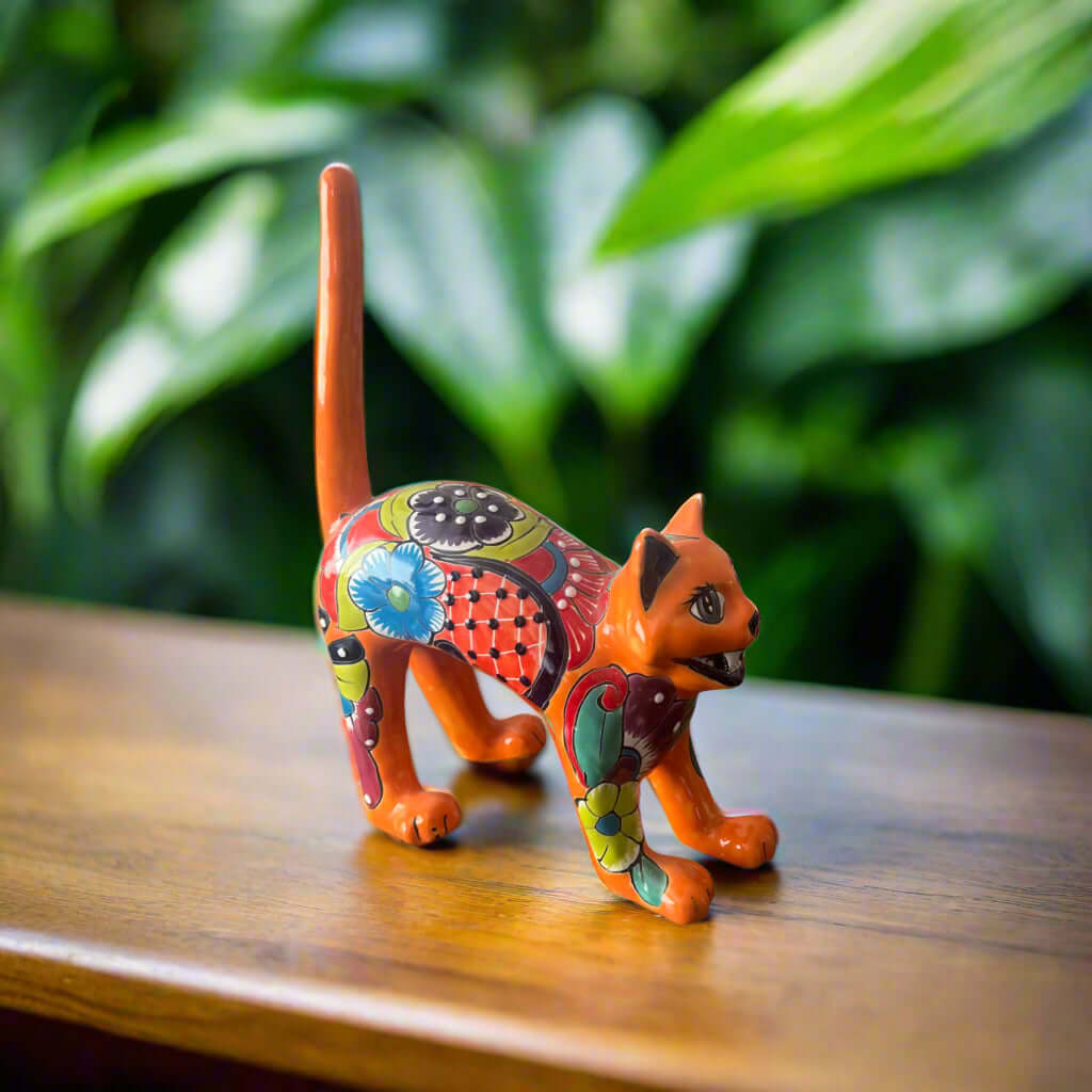 Talavera Arched Cat Statue | Vibrant Mexican Art
