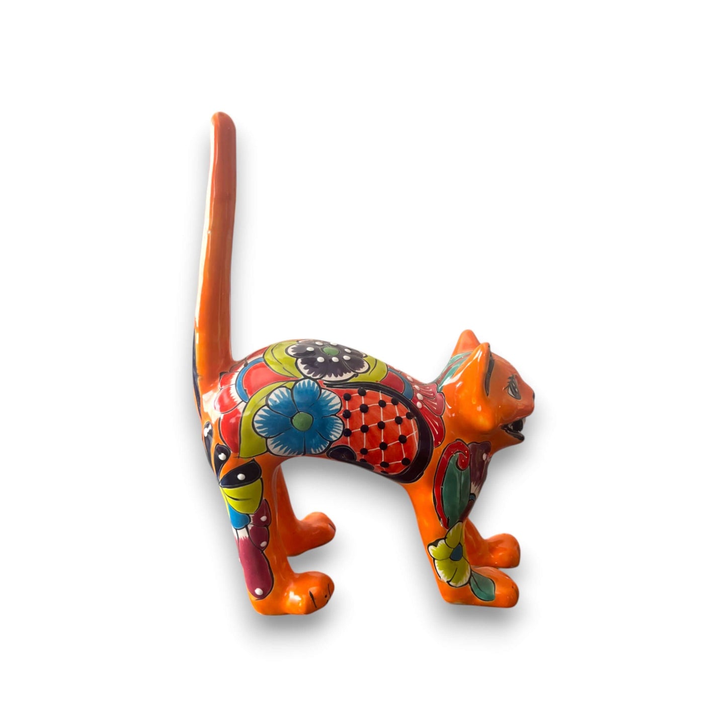 Talavera Arched Cat Statue | Vibrant Mexican Art